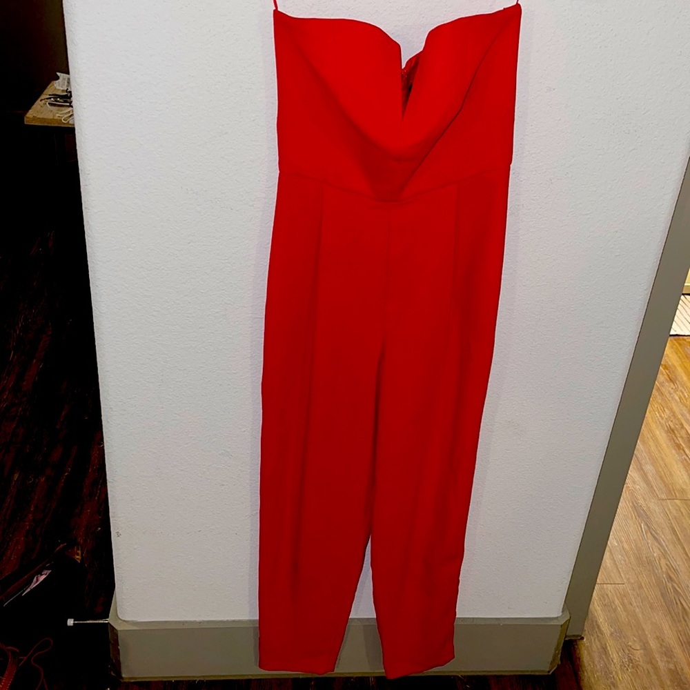 Red strapless jumpsuit